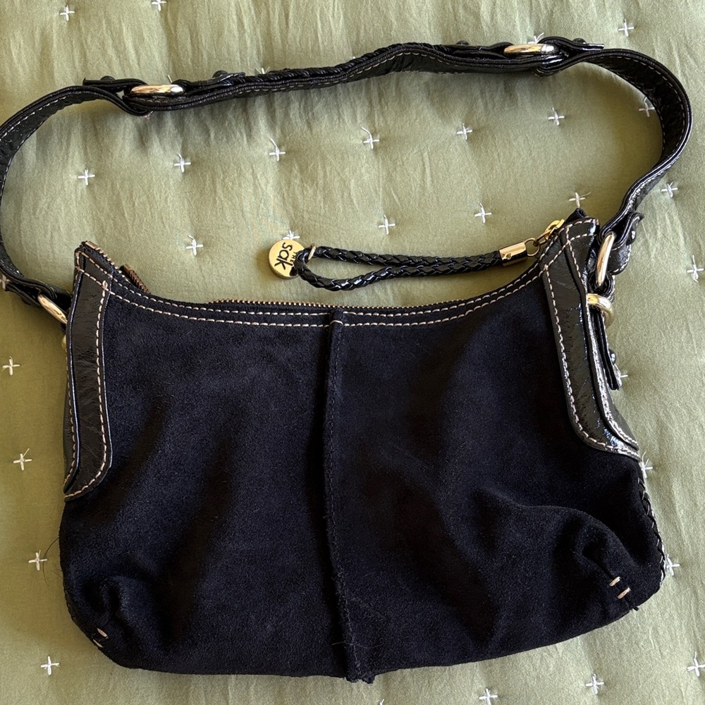 The Sak Black Suede Shoulder Bag with Braided Strap Gold Hardware Like New!